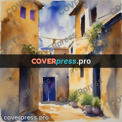Watercolor illustration: lane between yellow houses