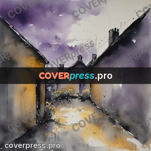 Watercolor illustration: village houses under a lilac sky