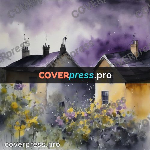 Watercolor illustration: village houses under a lilac sky