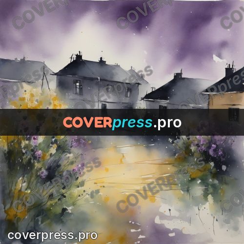 Watercolor illustration: village houses under a lilac sky