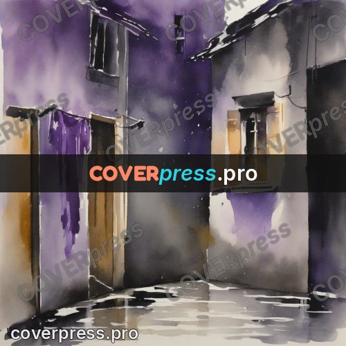 Watercolor illustration: wet yard between houses