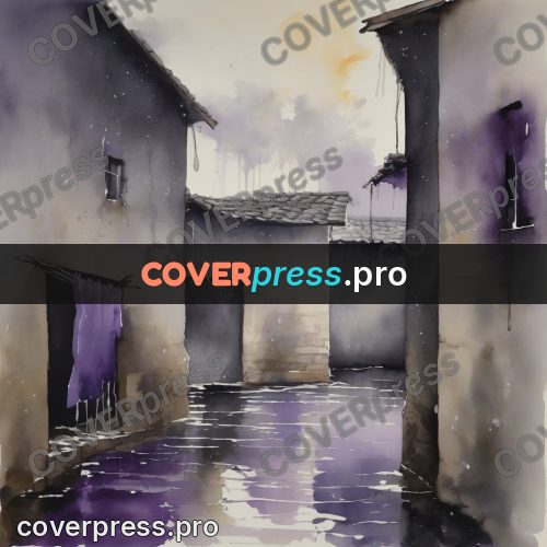 Watercolor illustration: wet yard between houses