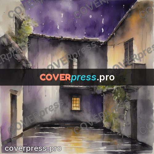 Watercolor illustration: wet yard between houses