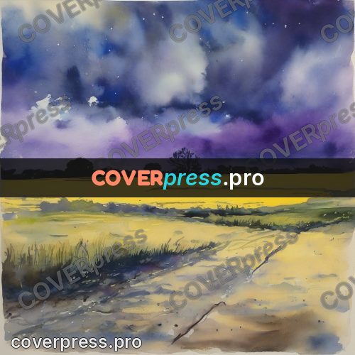 Watercolor illustration: yellow field under storm clouds