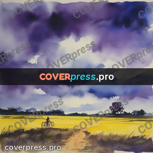 Watercolor illustration: yellow field under storm clouds