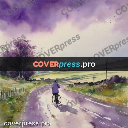 Watercolor illustration: cyclist on a country road