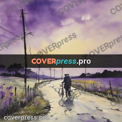 Watercolor illustration: cyclist on a country road