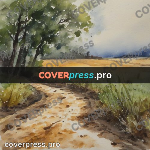 Watercolor illustration: dirt road by a field