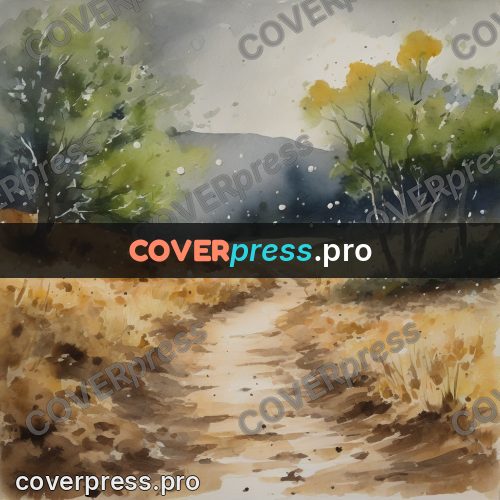 Watercolor illustration: dirt road by a field