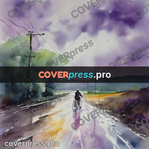 Watercolor illustration: bicycle on a wet highway