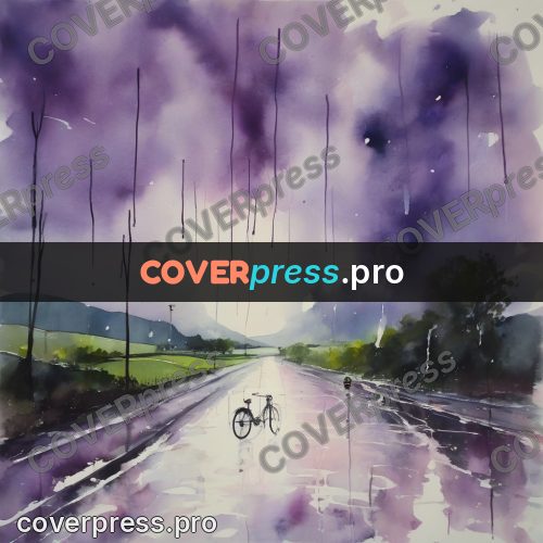 Watercolor illustration: bicycle on a wet highway