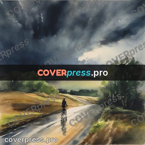 Watercolor illustration: cyclist under a storm sky