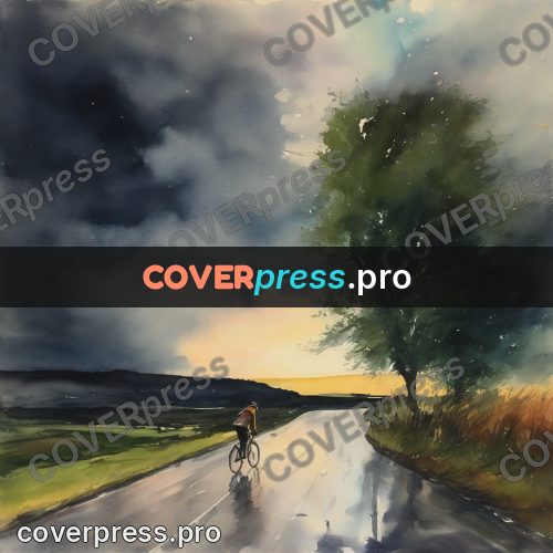 Watercolor illustration: cyclist under a storm sky