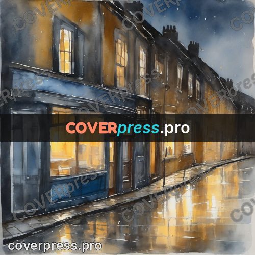 Watercolor illustration: street with lit shopfronts