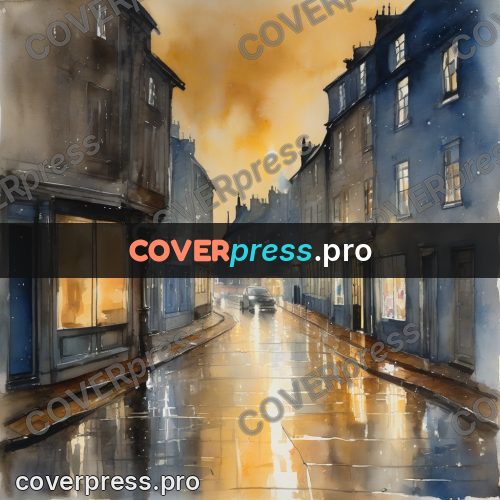 Watercolor illustration: street with lit shopfronts