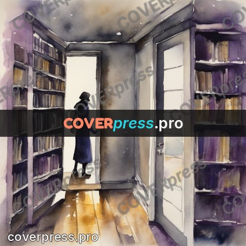 Watercolor illustration: figure between bookshelves