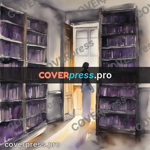 Watercolor illustration: figure between bookshelves