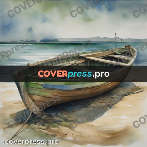 Watercolor illustration: wooden boat on the shore
