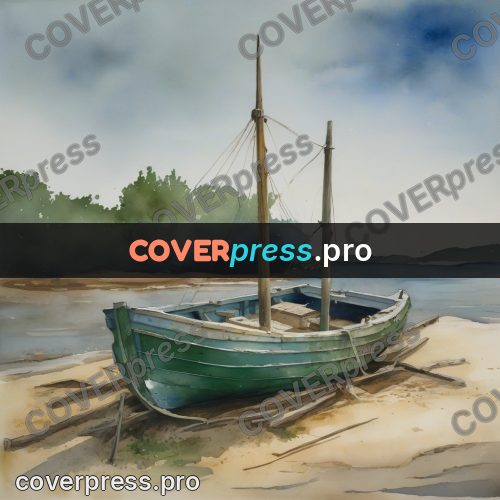 Watercolor illustration: wooden boat on the shore