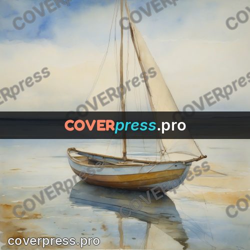 Watercolor illustration: sailing dinghy in shallow water