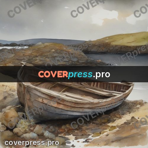 Watercolor illustration: old boat on the stones