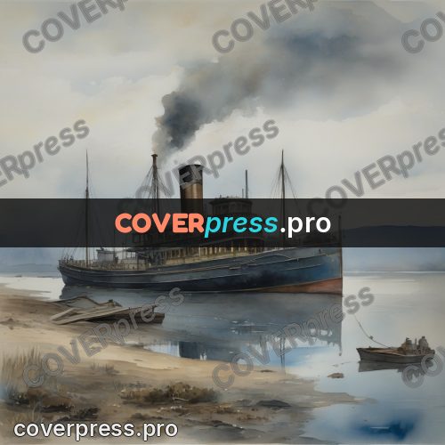 Watercolor illustration: steamer on grey water