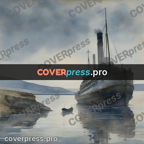 Watercolor illustration: steamer on grey water