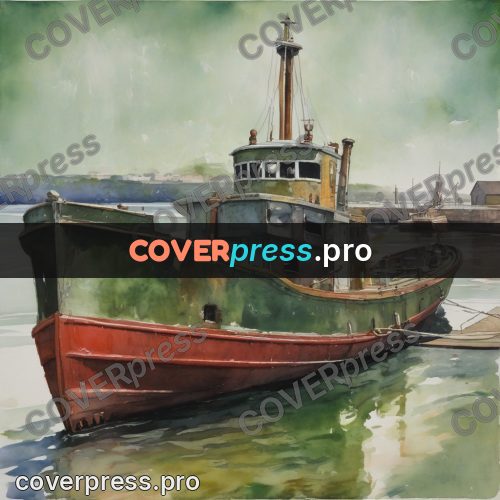 Watercolor illustration: tugboat at a pier