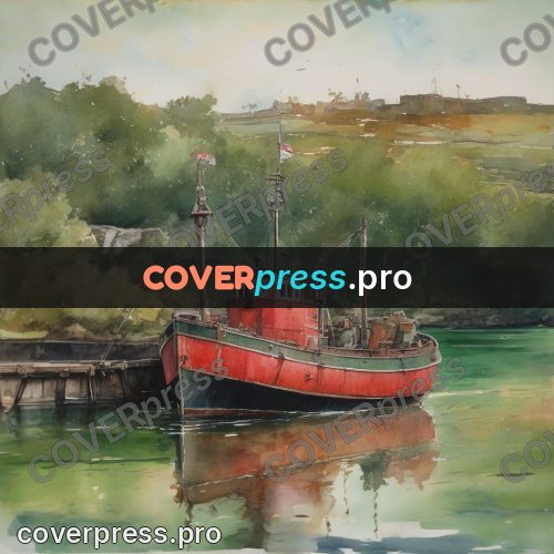 Watercolor illustration: tugboat at a pier