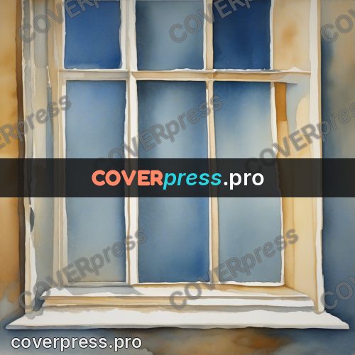 Watercolor illustration: blue window in a wall