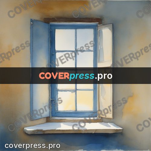 Watercolor illustration: blue window in a wall