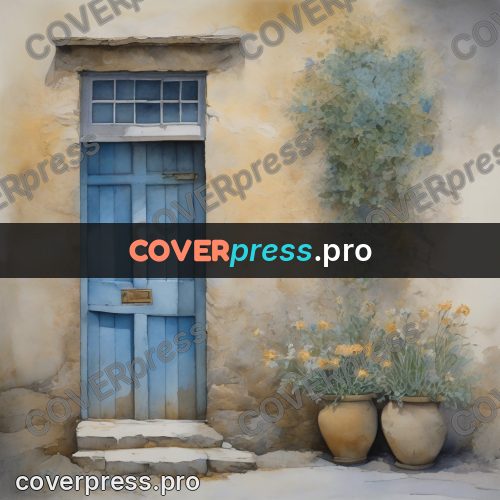 Watercolor illustration: blue door in a wall