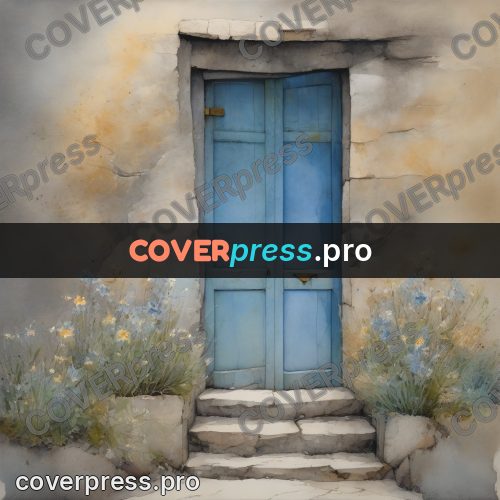 Watercolor illustration: blue door in a wall