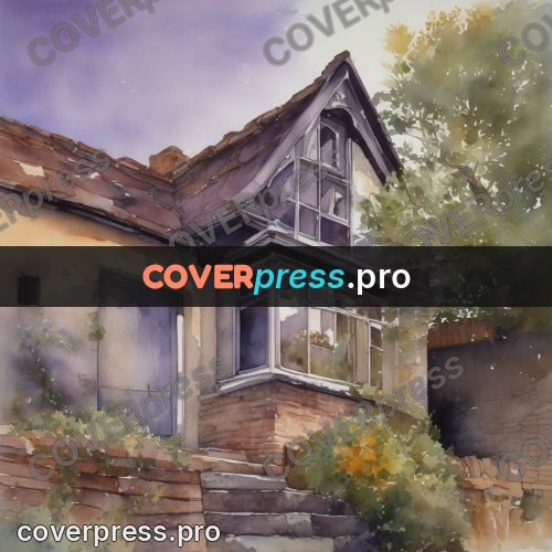 Watercolor illustration: old house window in greenery