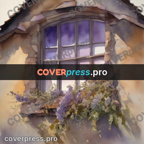 Watercolor illustration: old house window in greenery