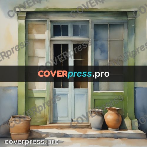 Watercolor illustration: green door with clay pots