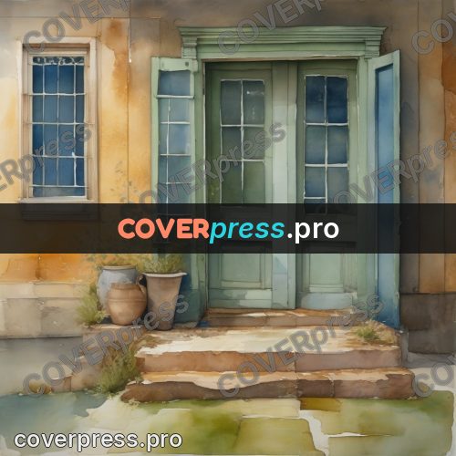 Watercolor illustration: green door with clay pots